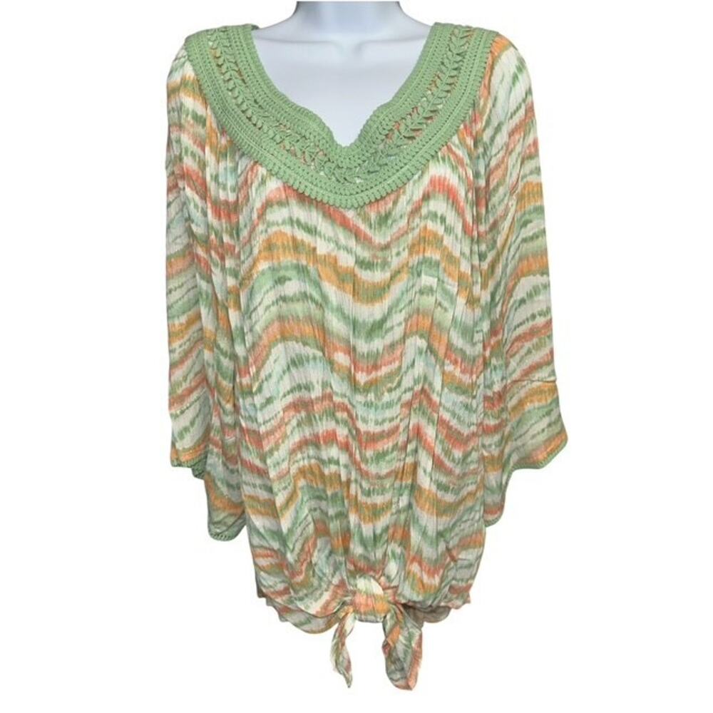 Ruby Rd 2X Top Green Orange Striped Embroider Gold Thread Waist Tie Flare Sleeve